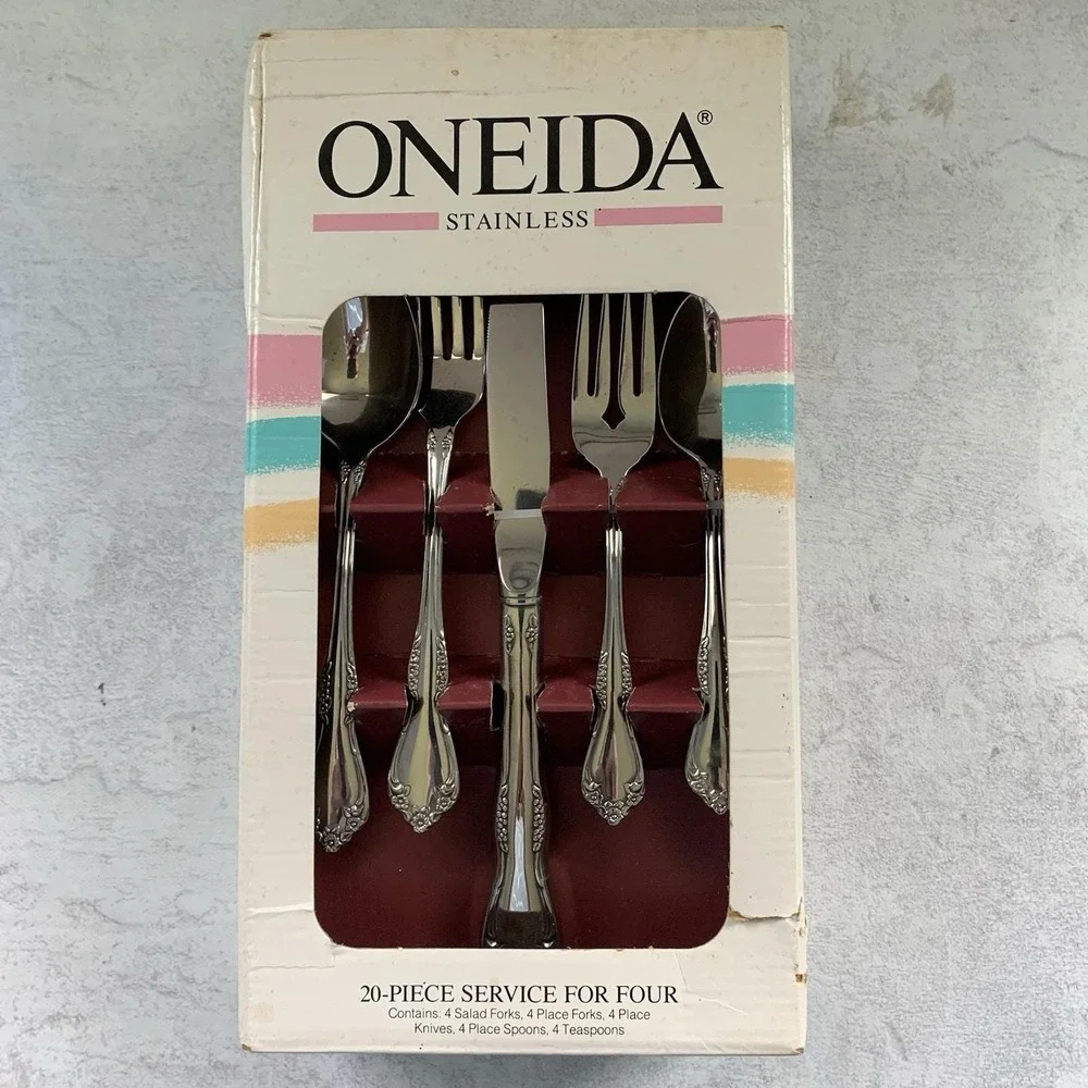 1992 Oneida Amadeus Stainless Flatware Set 20 Pc Service for 4 USA New Open Box